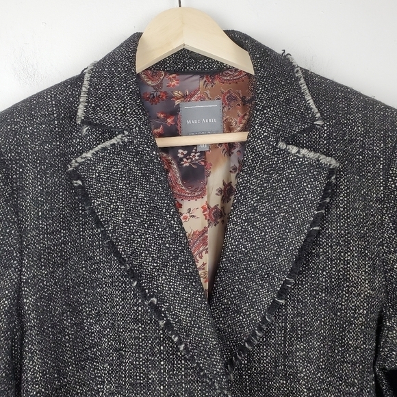 Marc Aurel Black Tweed Blazer Raw Hem Flap patch pocket Office Hidden Snap wool‎ - Picture 4 of 12